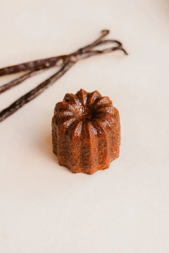Gros plan d'un cannelé artisanal finement caramélisé posé à côté de gousses de vanille